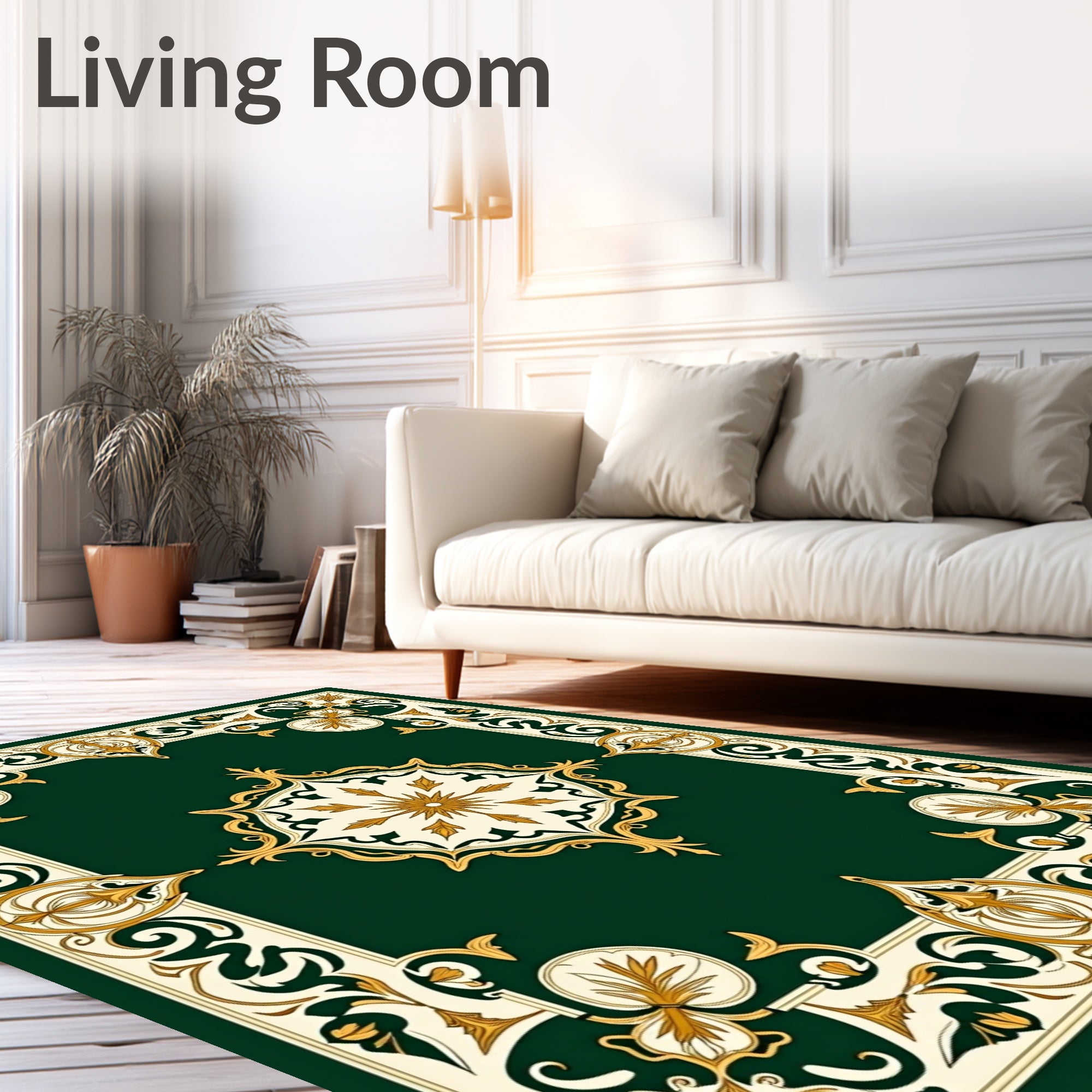 Ornate Gold Floral Green Cream Rug
