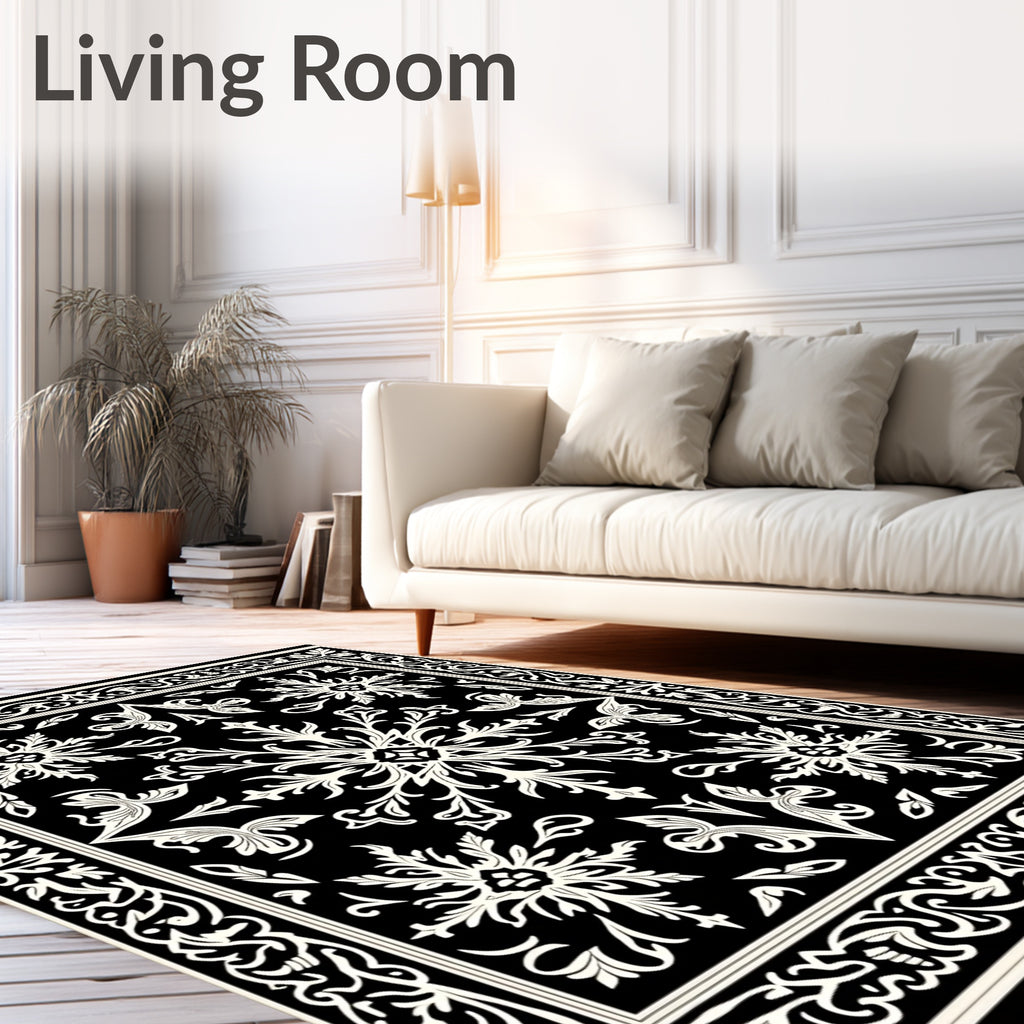 Classic Black Scroll Floral Cream Rug