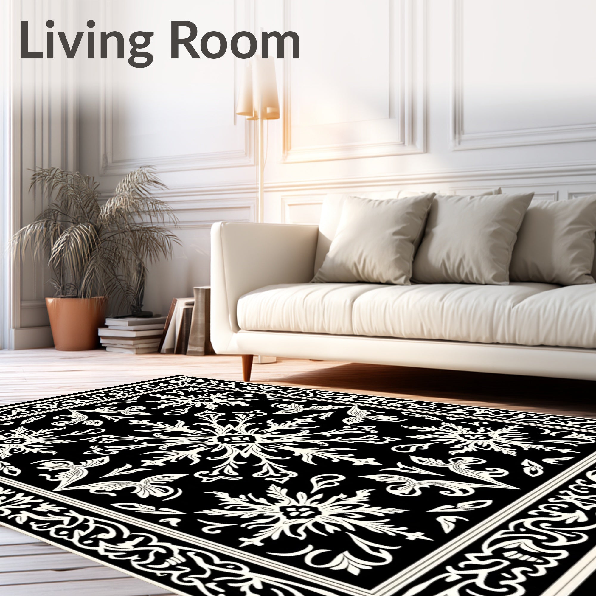 Classic Black Scroll Floral Cream Rug