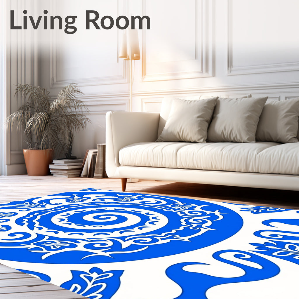 Bold Blue And White Scroll Pattern Rug