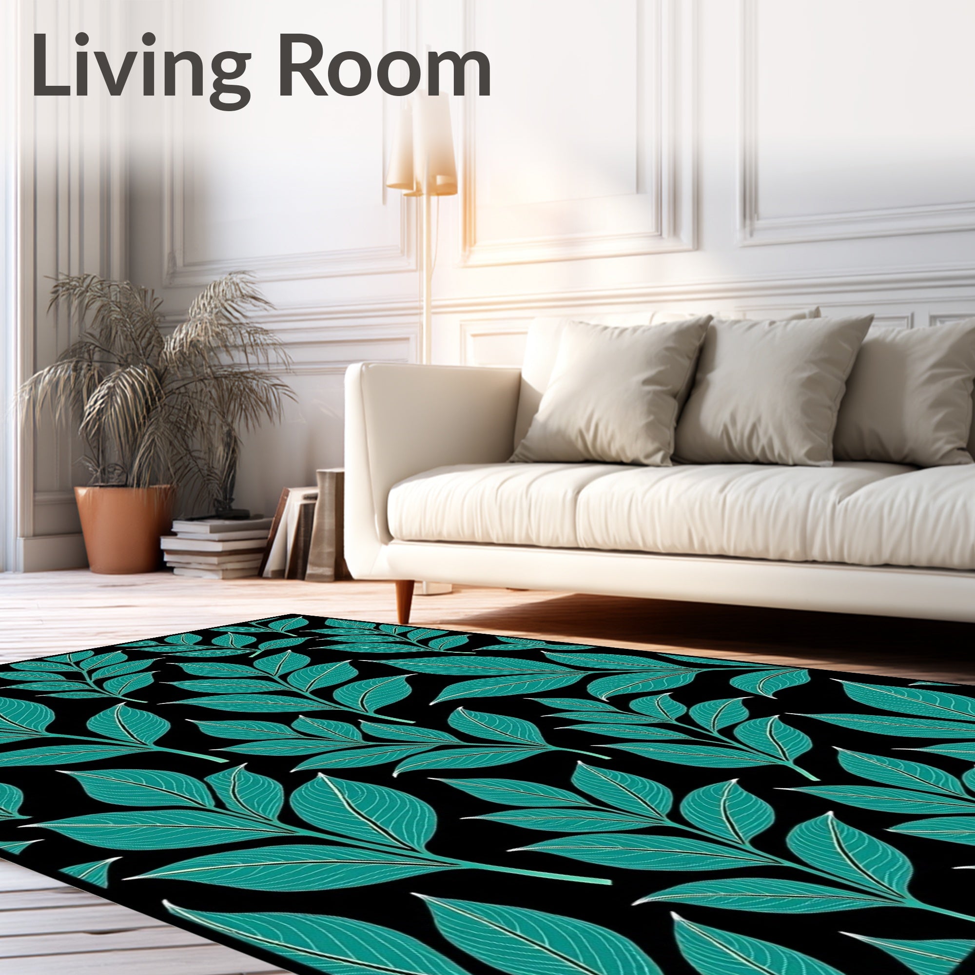 Teal Leafy Branch Black Background Rug