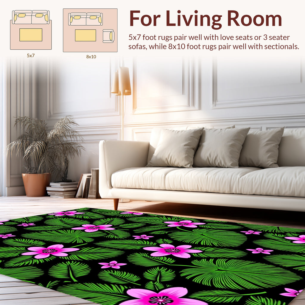 Vibrant Pink Floral Green Leaf Pattern Rug