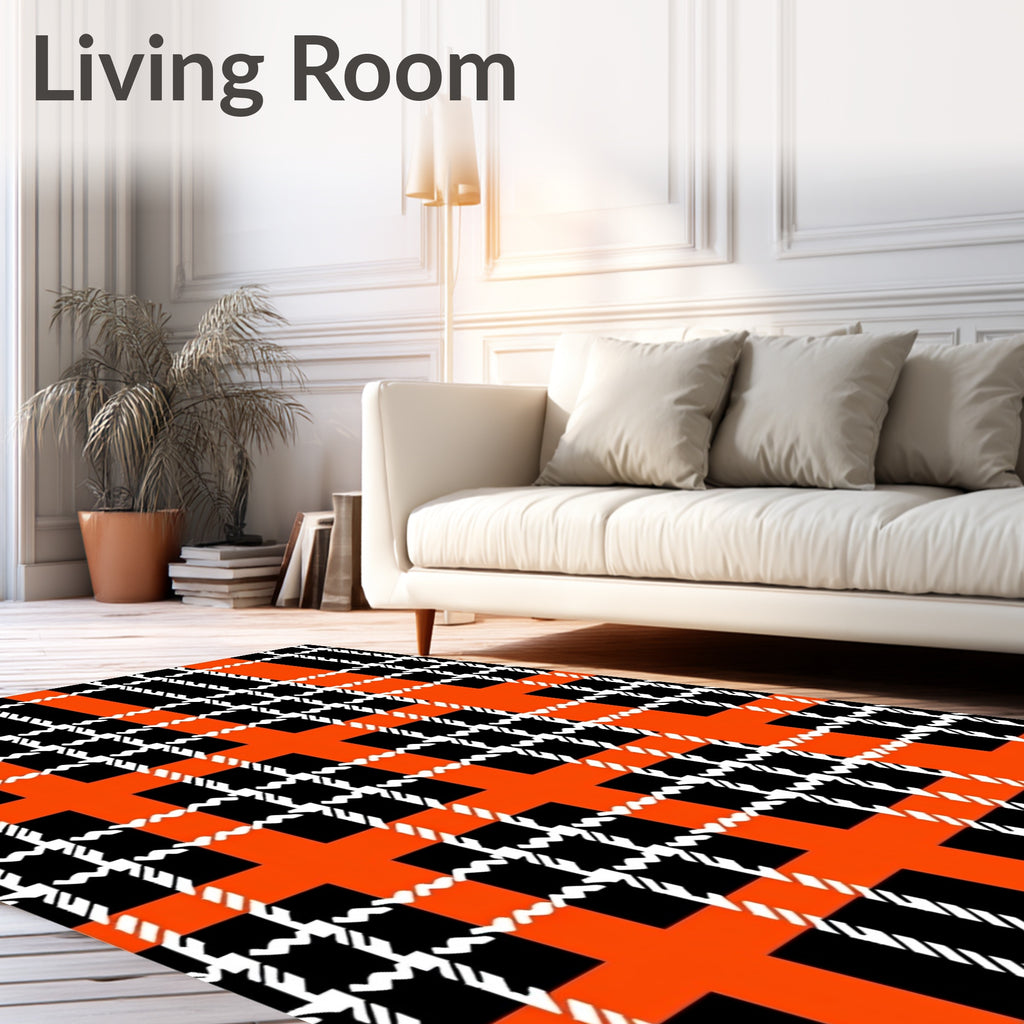 Bold Orange Black White Plaid Rug