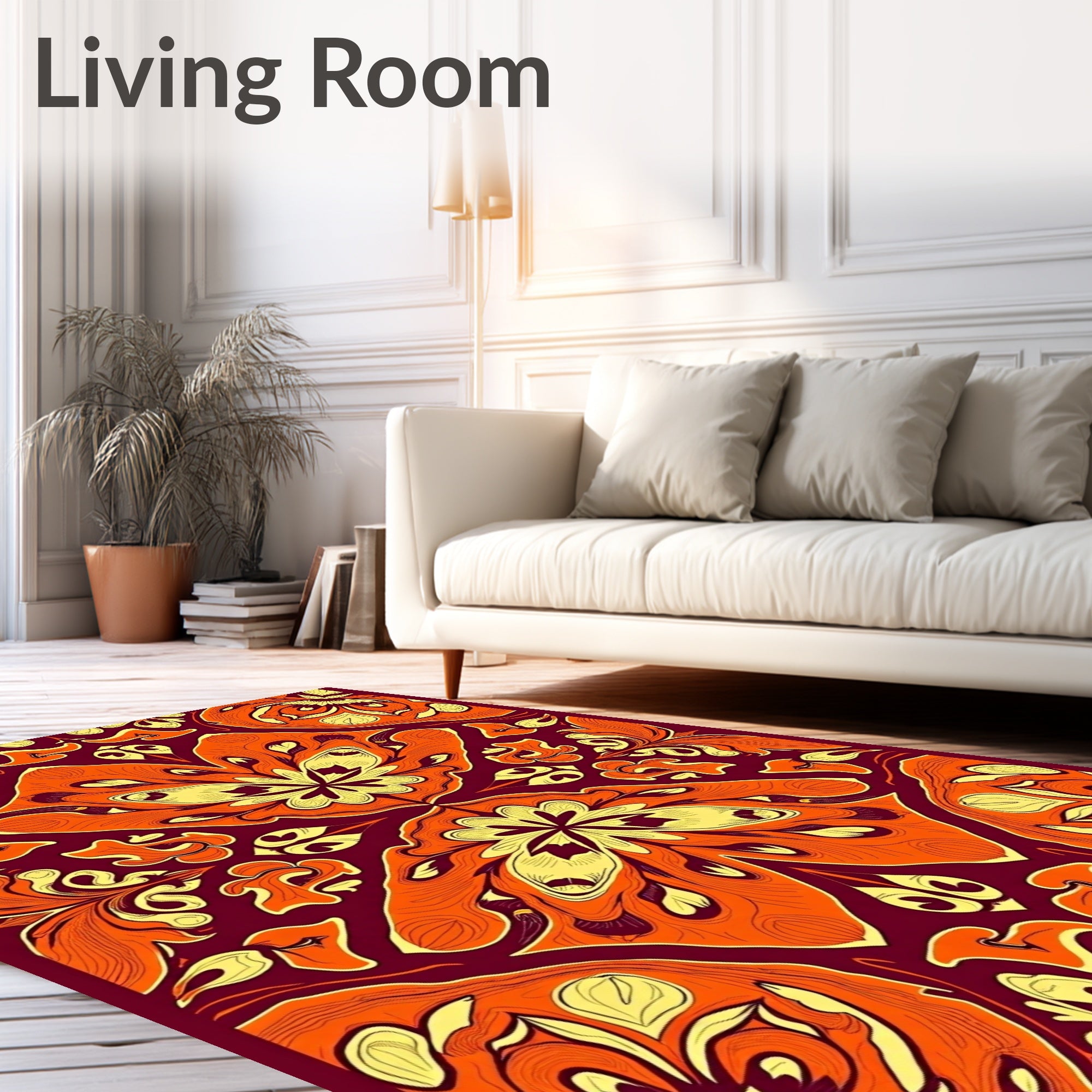 Maroon Orange Yellow Floral Art Rug