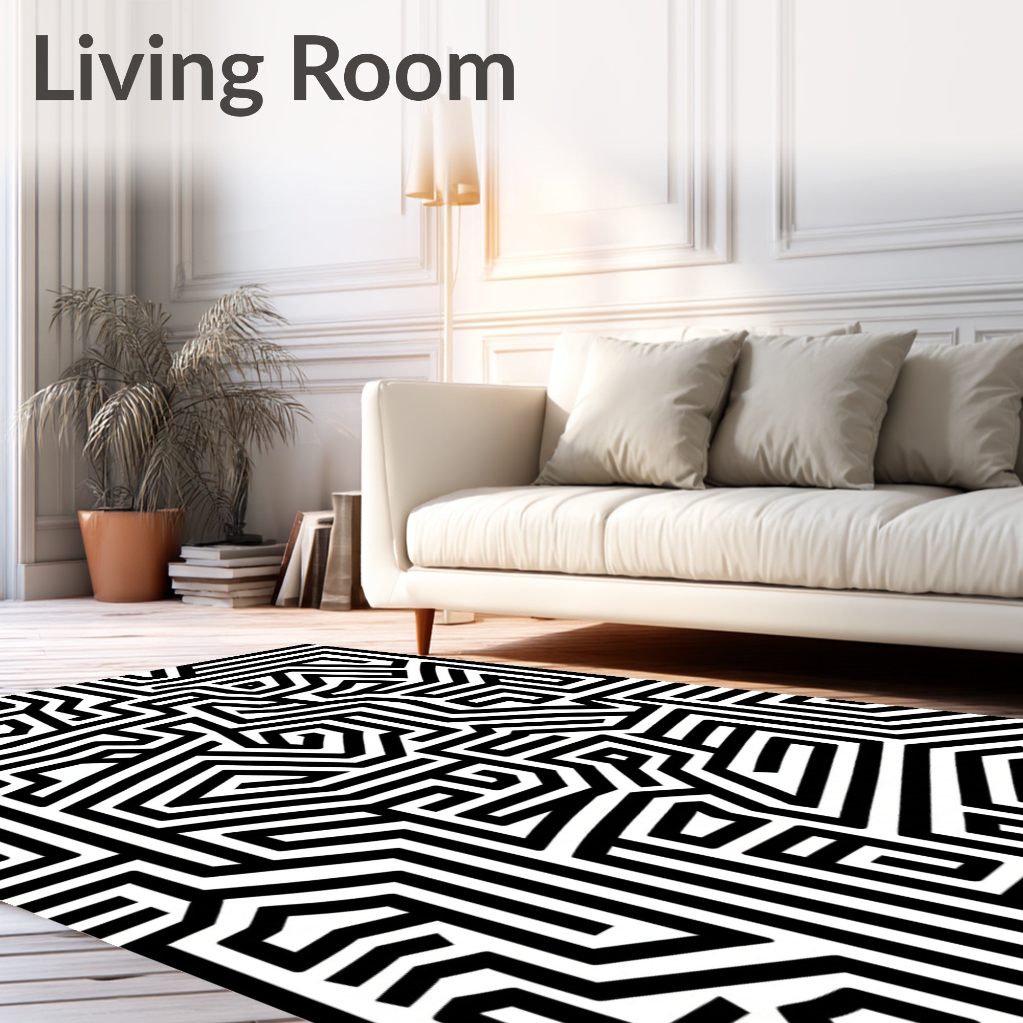 Abstract Black White Maze Pattern Rug