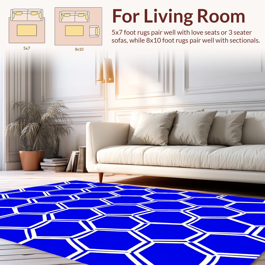 Hexagonal Pattern Blue White Design Rug