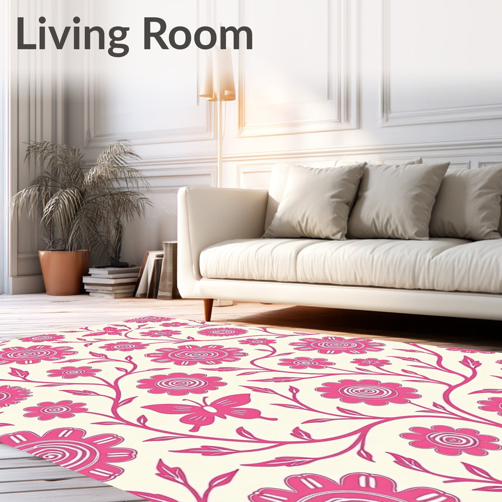 Whimsical Pink Floral Butterfly Pattern Rug