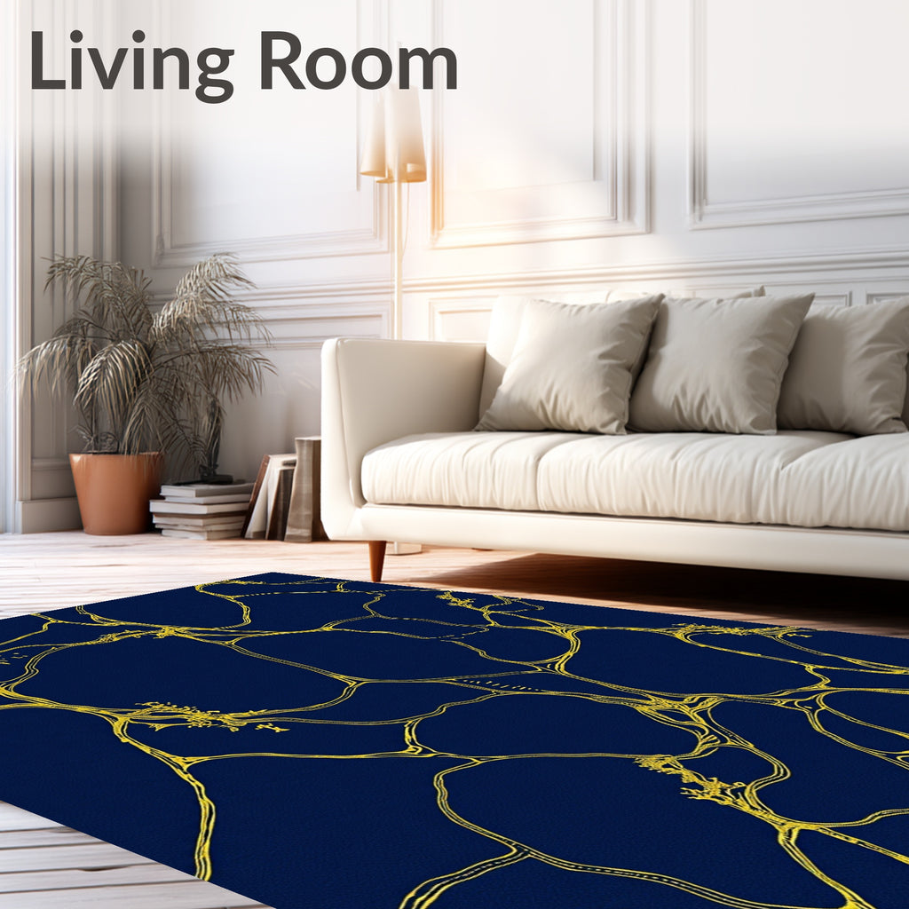 Deep Blue Gold Organic Vein Pattern Rug