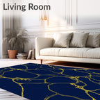 Deep Blue Gold Organic Vein Pattern Rug