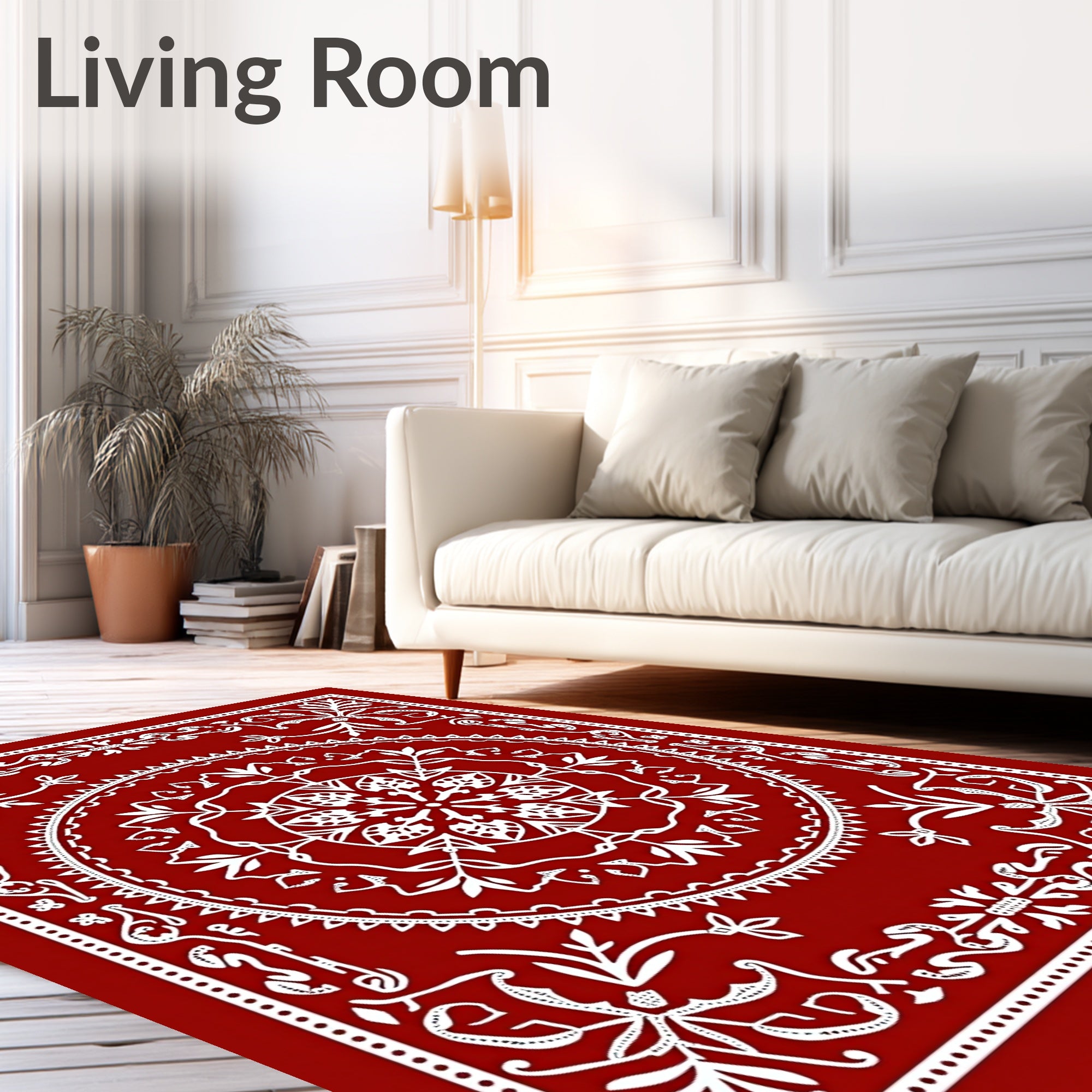 Intricate Red White Mandala Pattern Rug