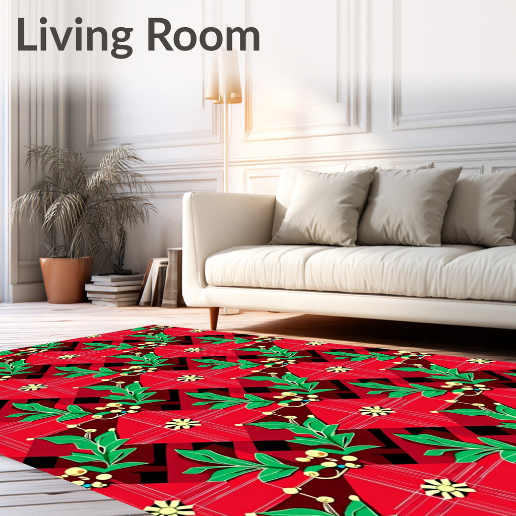 Red Plaid Floral Vine Pattern Rug