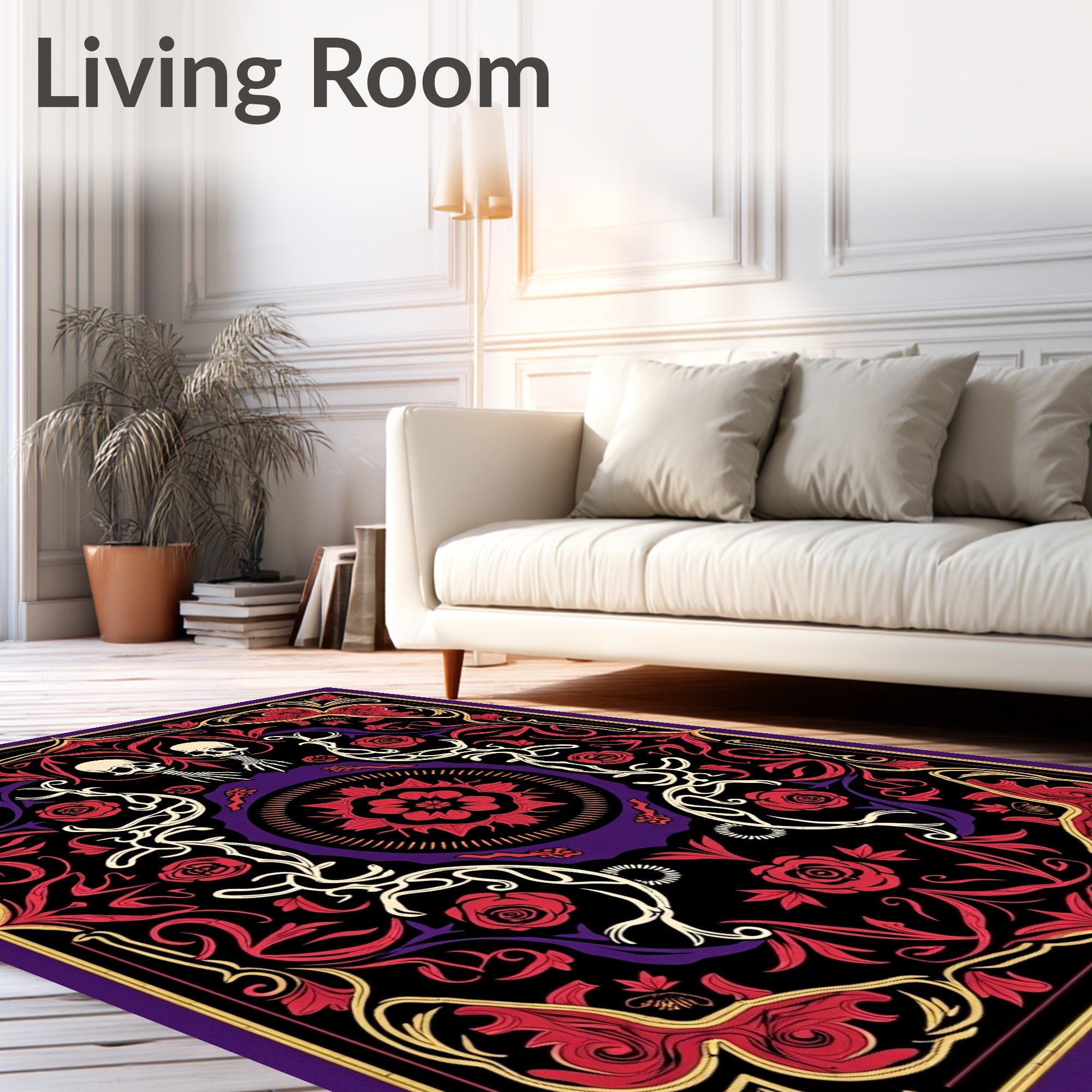 Ornate Skull Rose Floral Pattern Rug