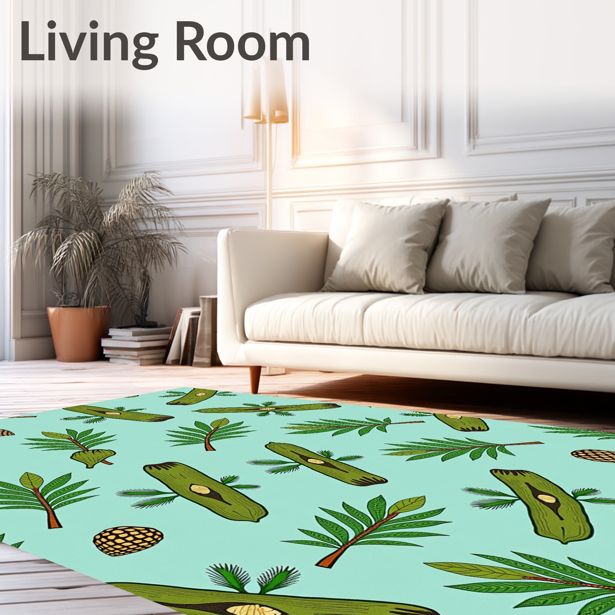 Green Botanical Leaf and Seed Pattern Rug