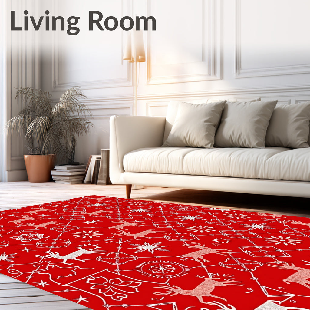 White Reindeer Snowflake Geometric Pattern Rug