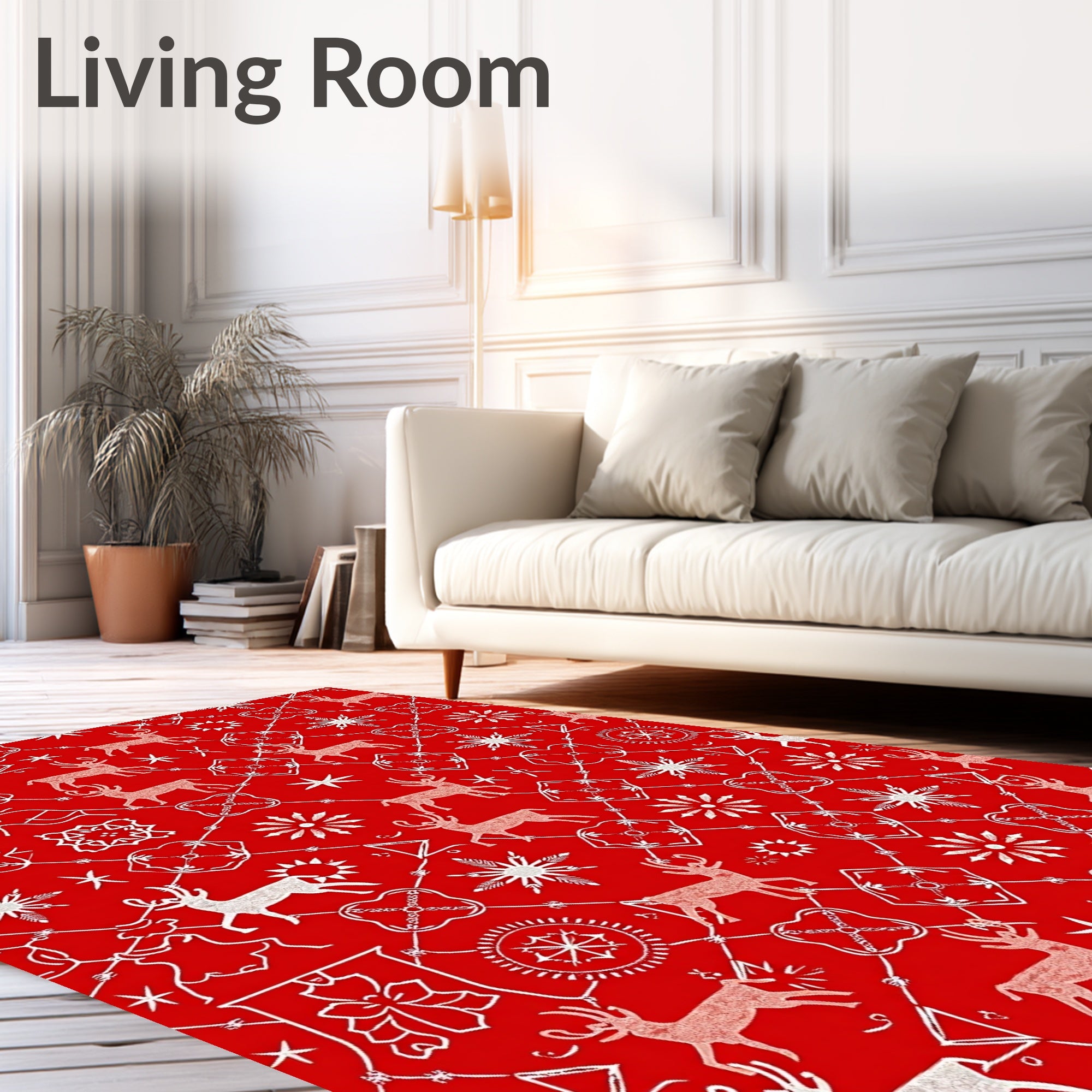 White Reindeer Snowflake Geometric Pattern Rug