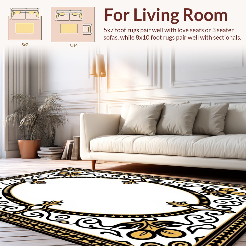 Ornate Black Gold Floral Border Rug