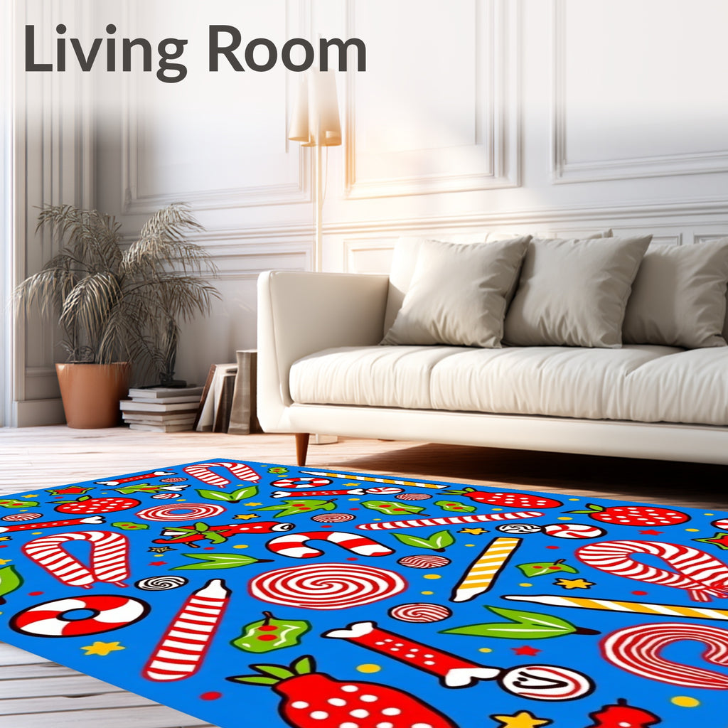 Red White Candy Cane Strawberry Blue Rug