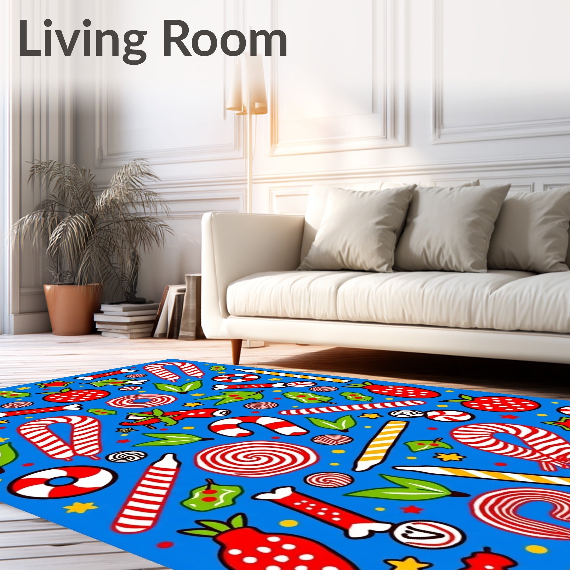 Red White Candy Cane Strawberry Blue Rug
