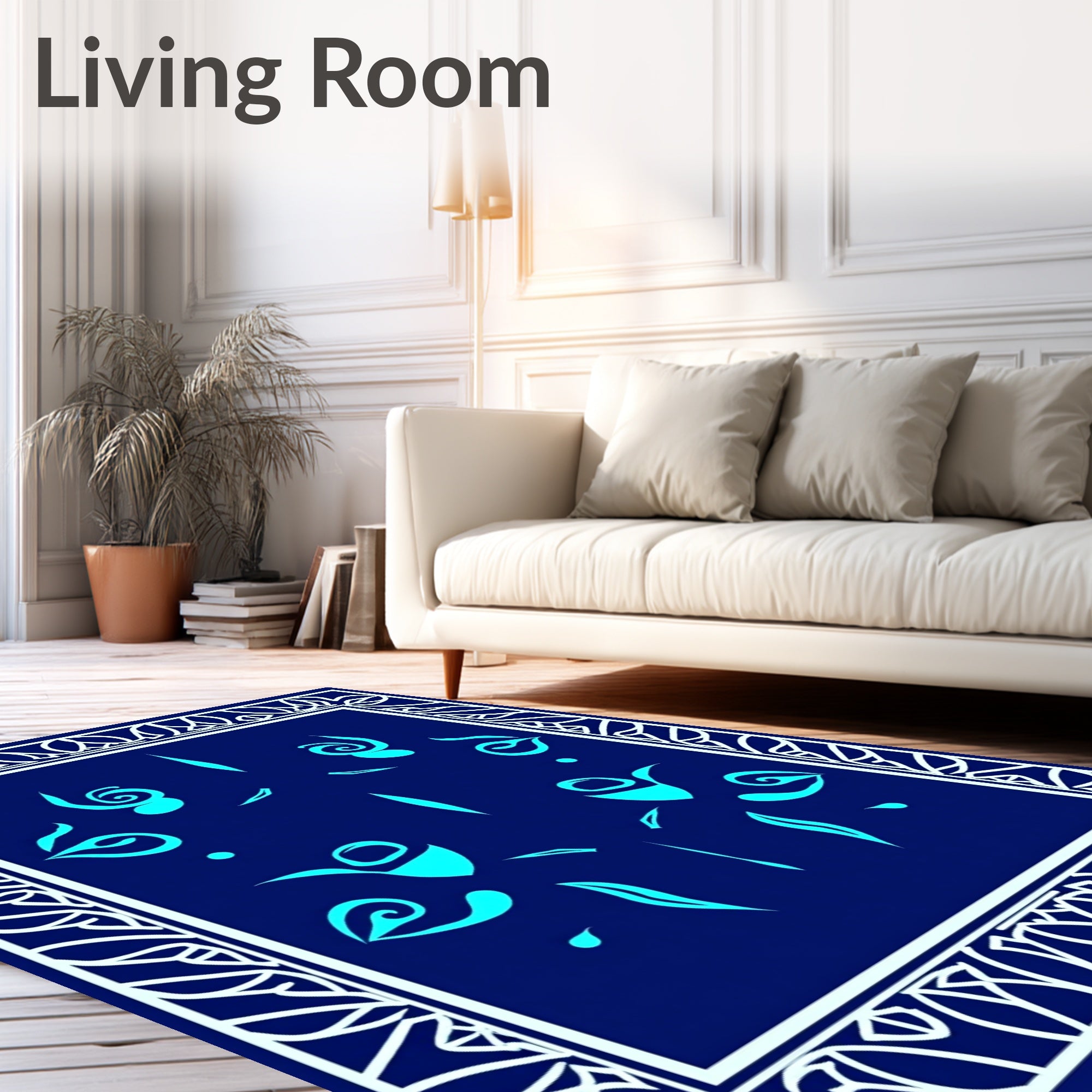 Deep Blue Teal Abstract Floral Frame Rug