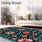 Coral Floral Design With Teal Leaves Rug