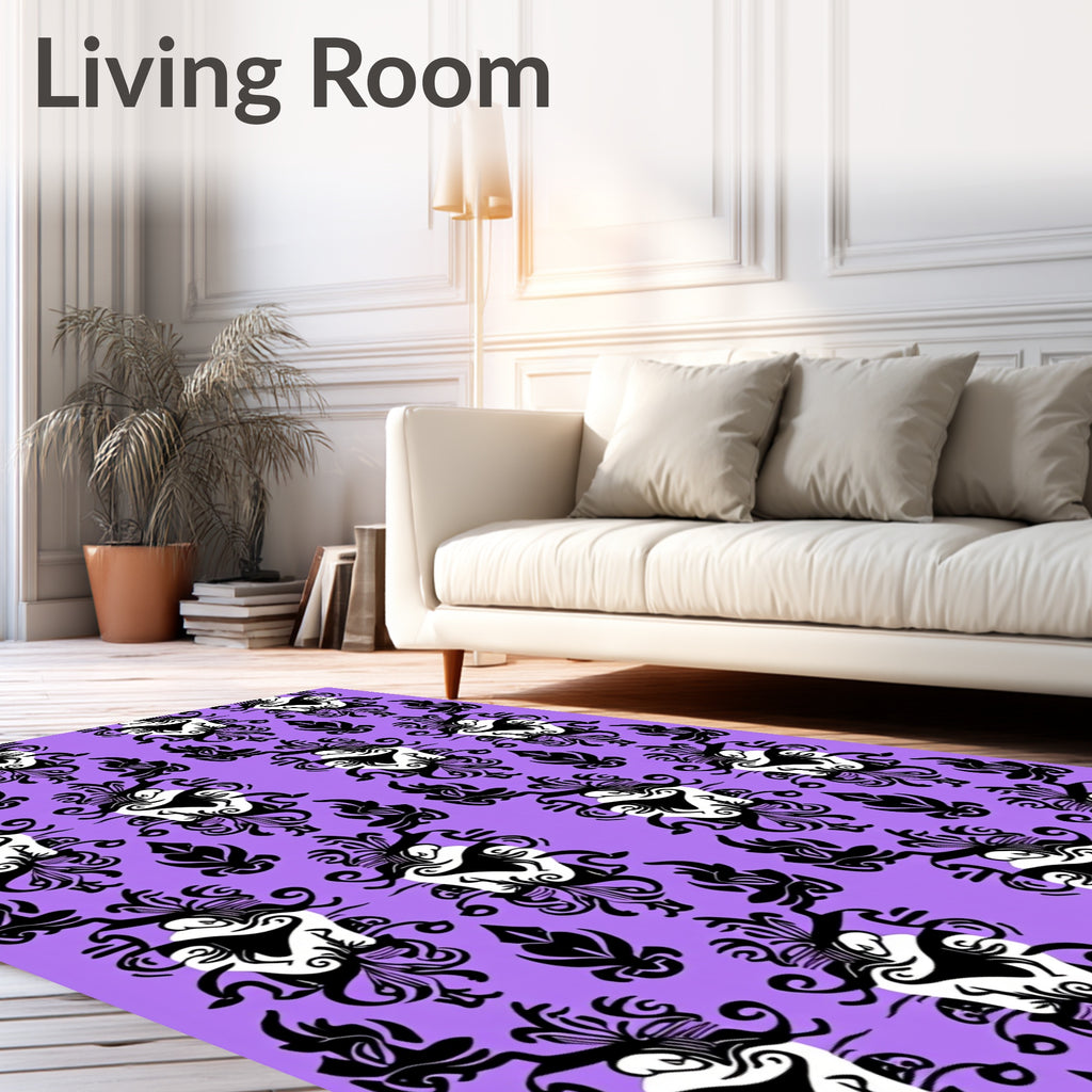 Ornate Black White Scroll Pattern Rug
