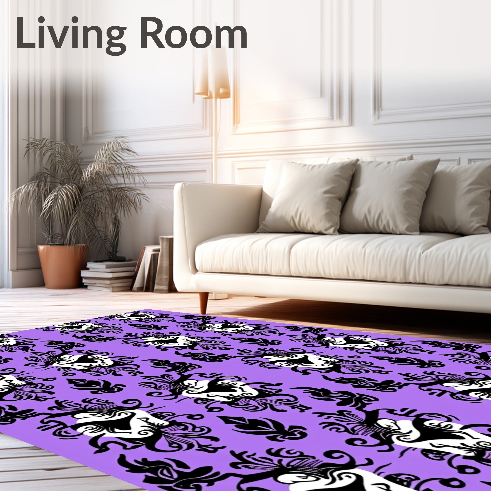 Ornate Black White Scroll Pattern Rug