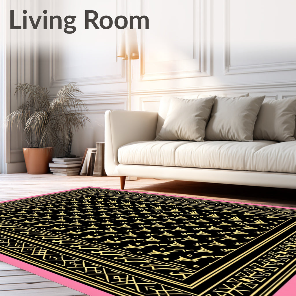 Black Golden Floral Geometric Border Rug