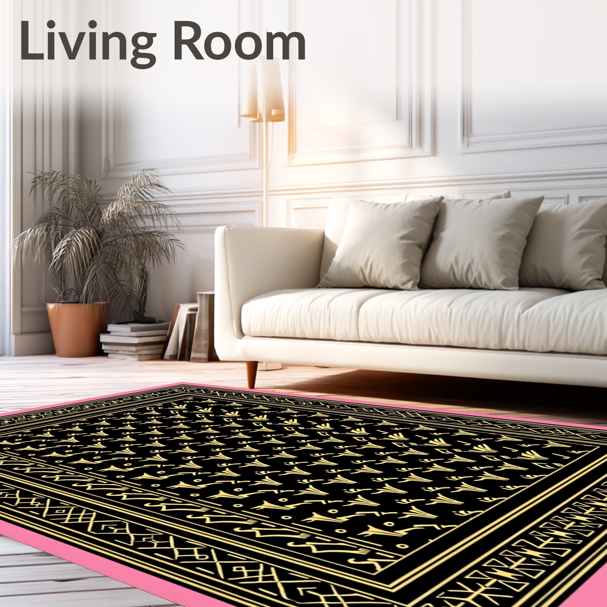 Black Golden Floral Geometric Border Rug