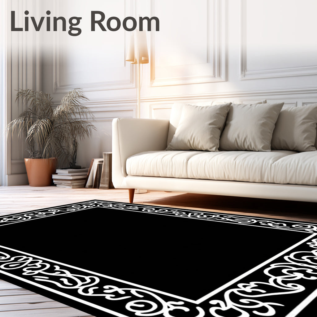 Ornate Black White Scrollwork Border Design Rug
