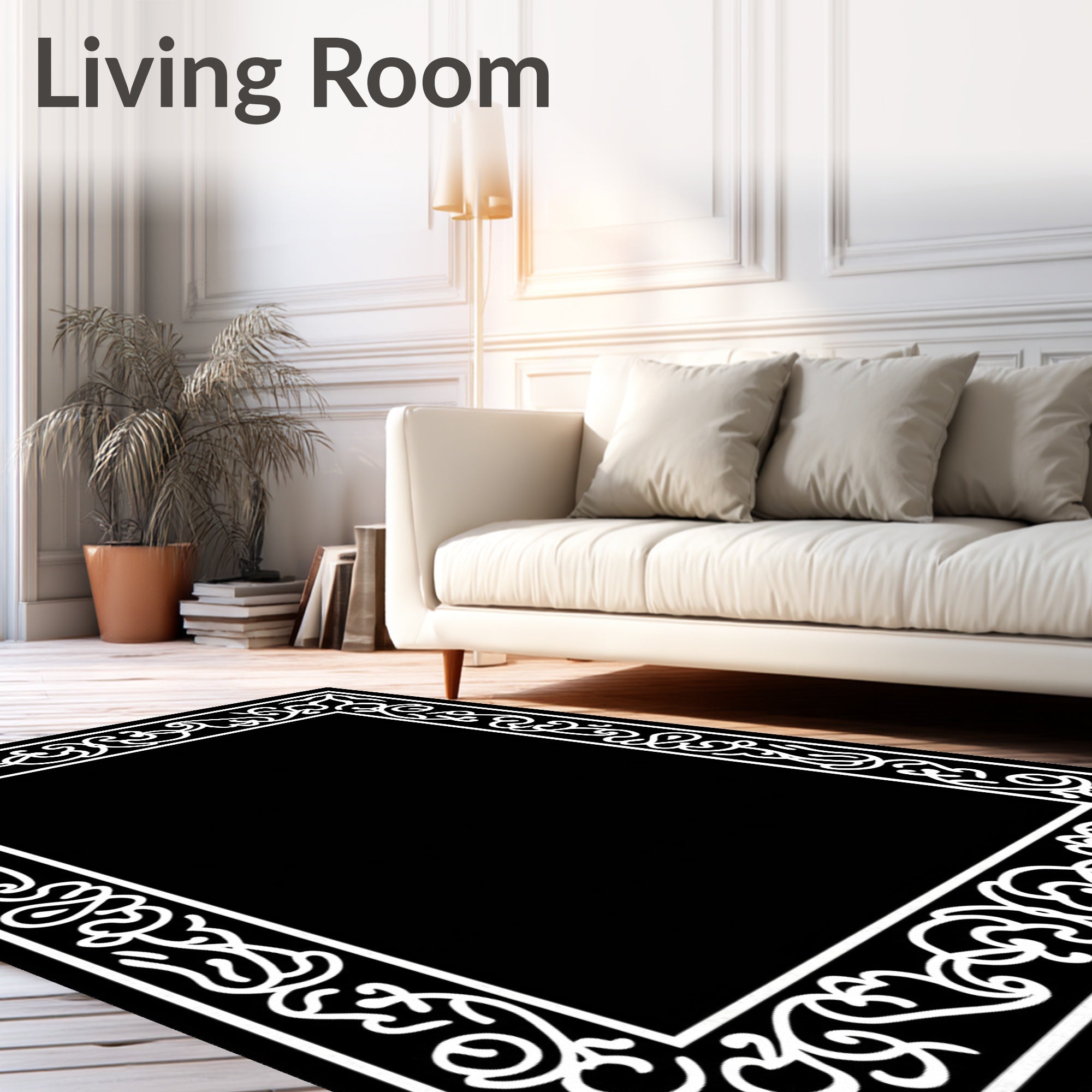 Ornate Black White Scrollwork Border Design Rug
