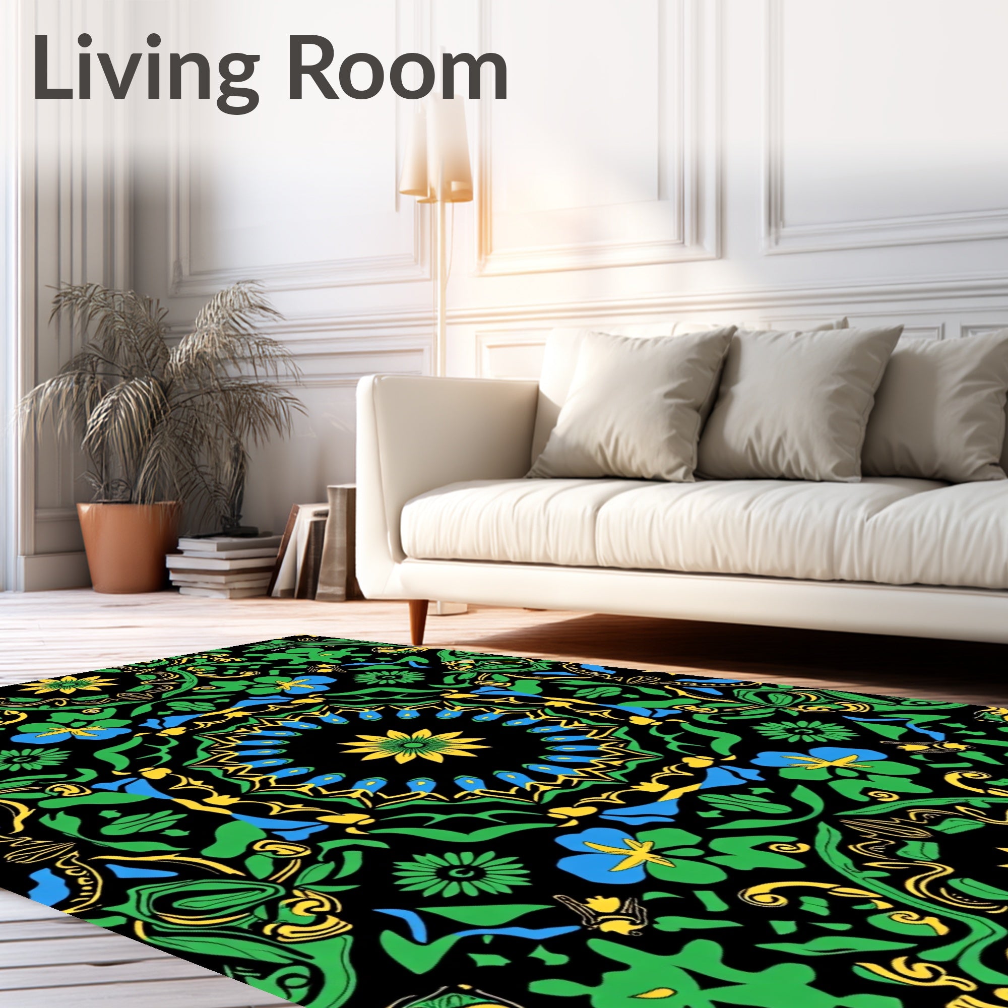 Vibrant Black Green Floral Mandala Rug