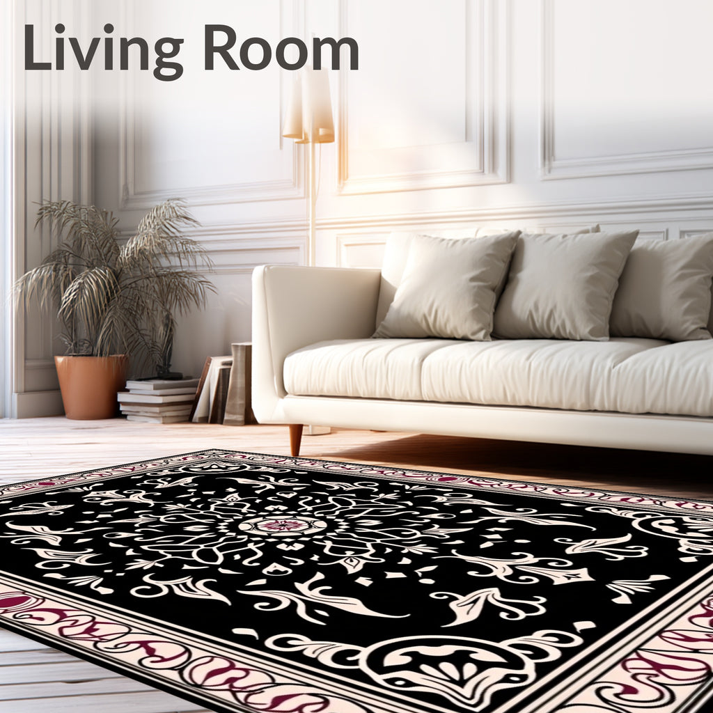 Black Cream Burgundy Floral Medallion Rug