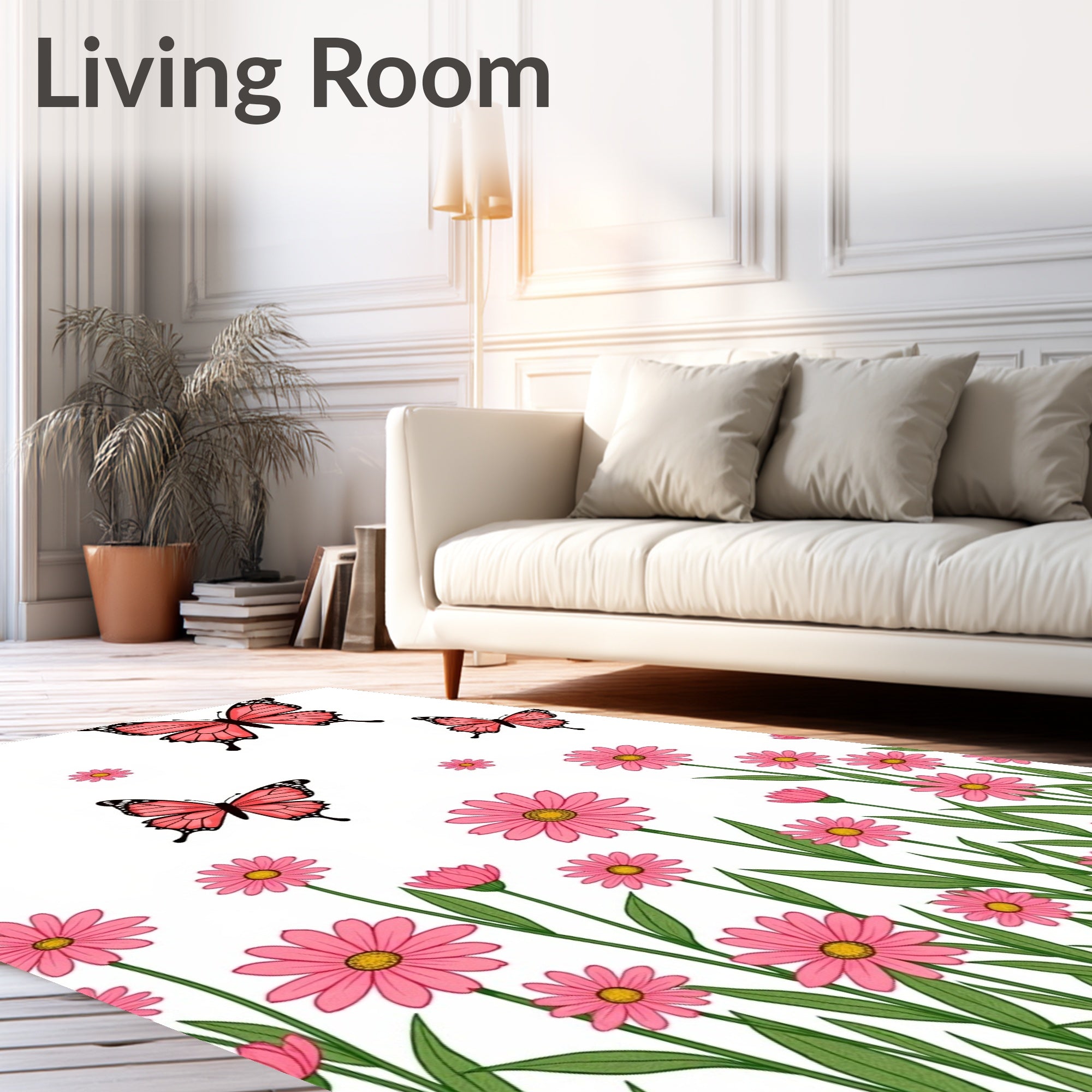 Pink Butterfly and Daisy Garden Design Rug