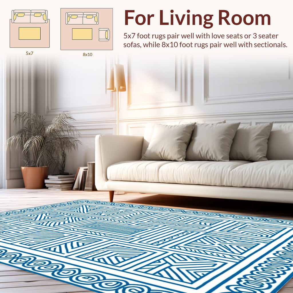 Blue White Geometric Line Art Rug