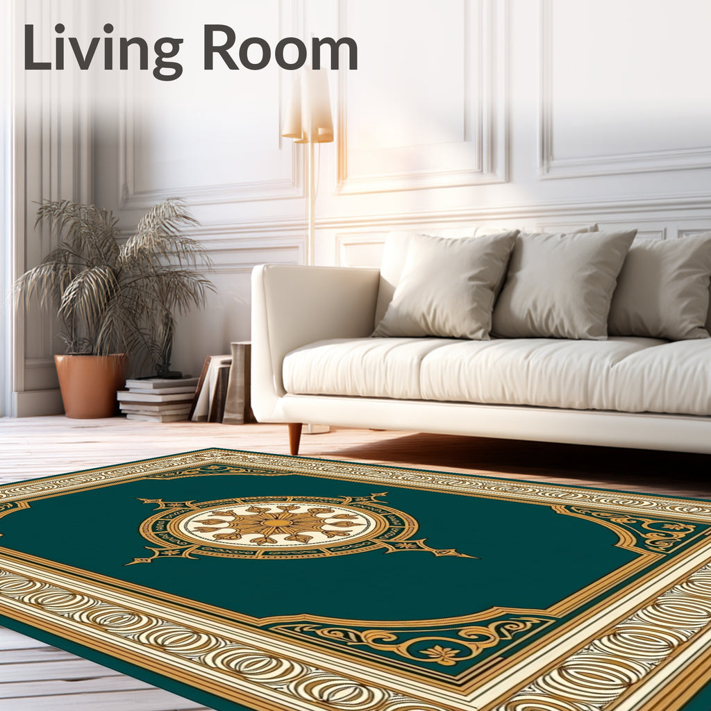 Ornate Teal Gold Mandala Medallion Rug