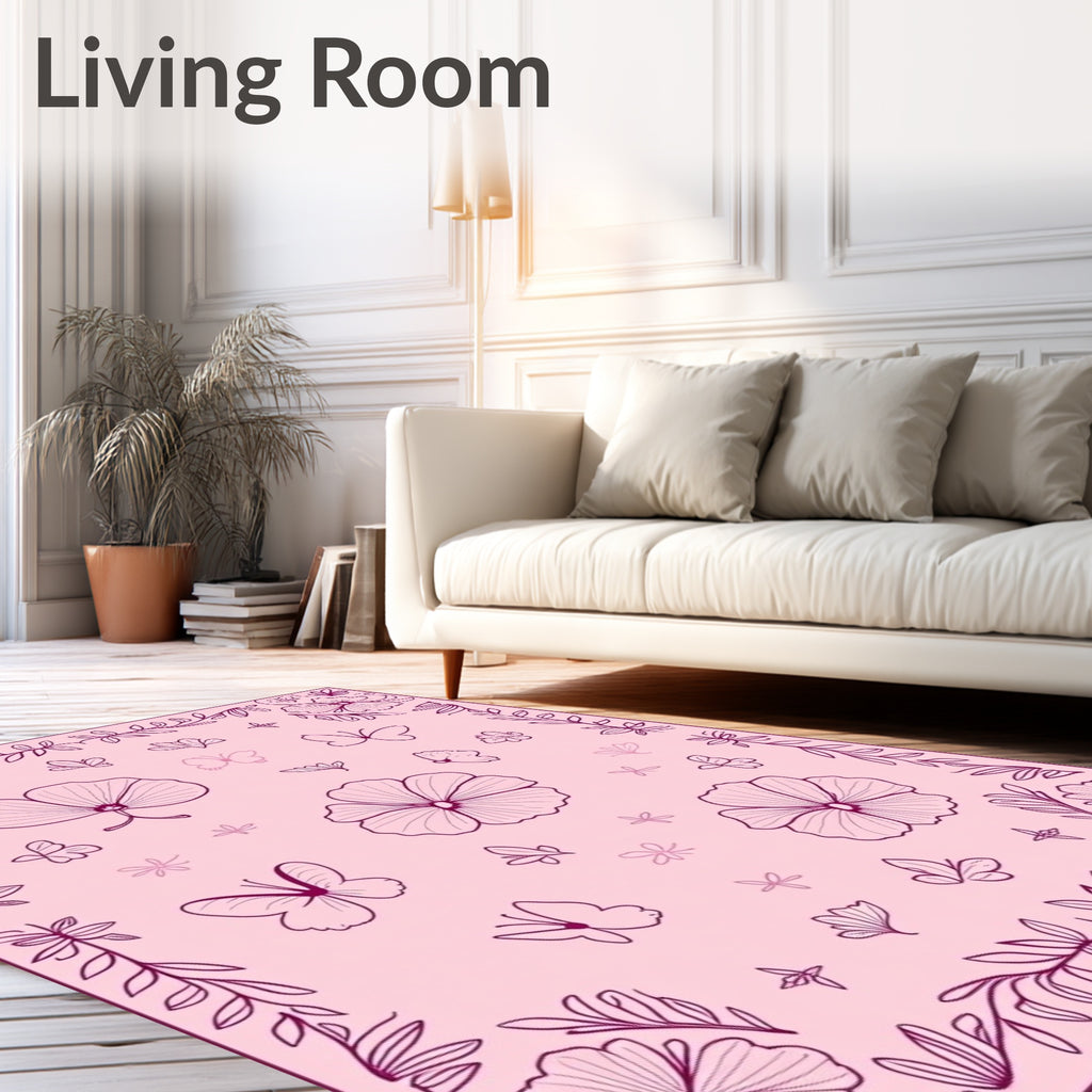 Floral Butterfly Patterned Pink Rug