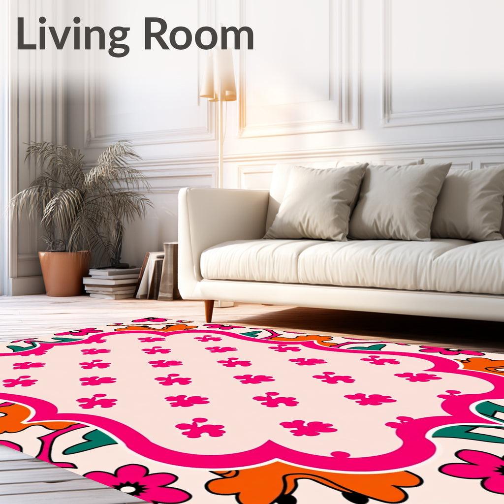 Whimsical Floral Pink Orange Pattern Rug