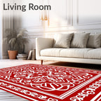 Intricate White Floral Red Pattern Rug
