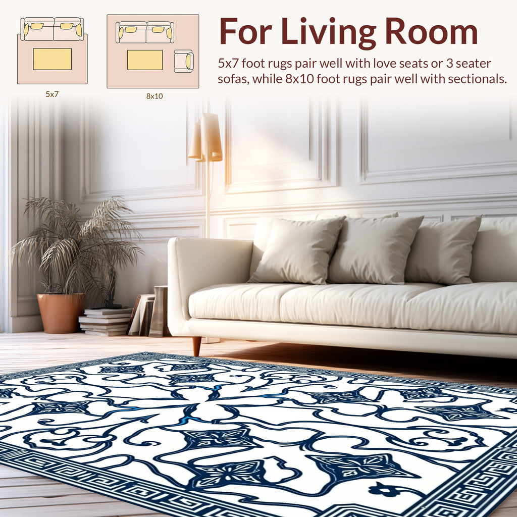 Symmetrical Blue White Floral Arrangement Rug