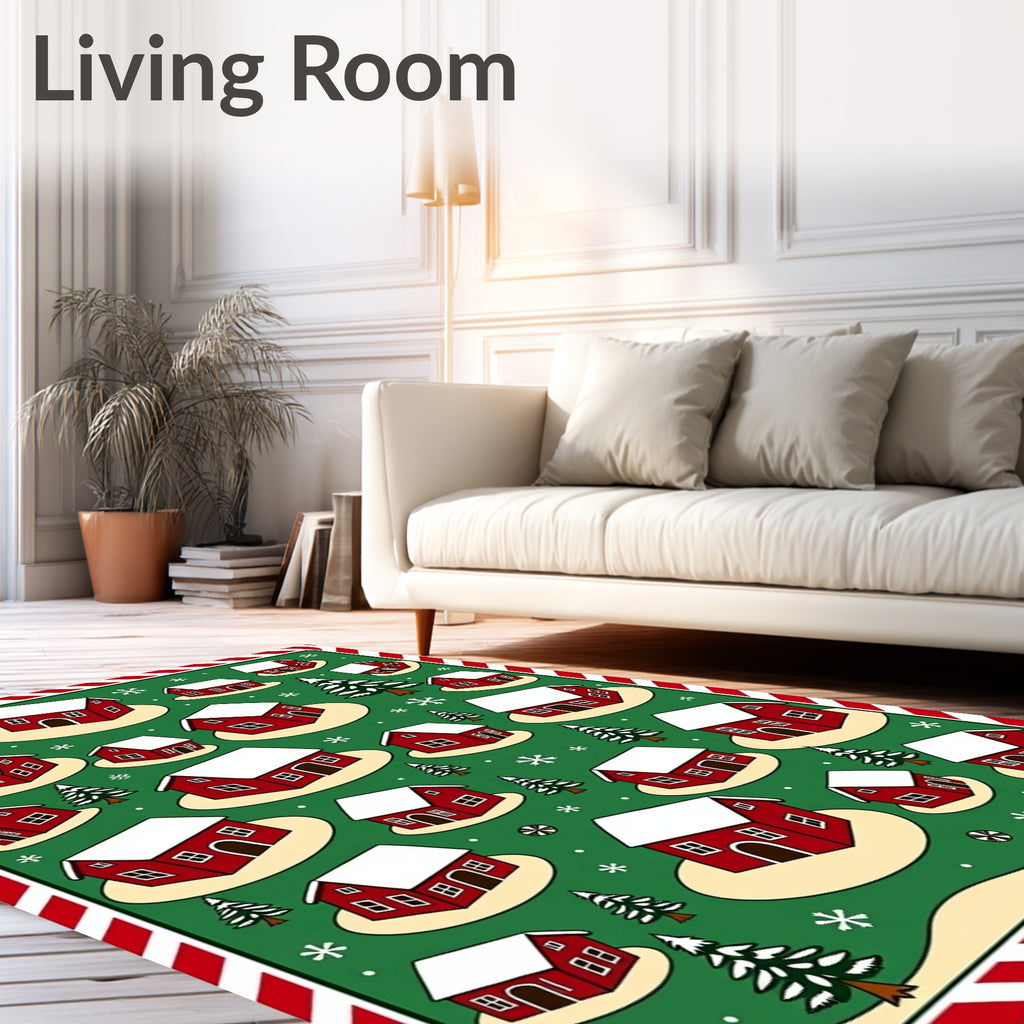 Red Barn Snow Village Trees Rug
