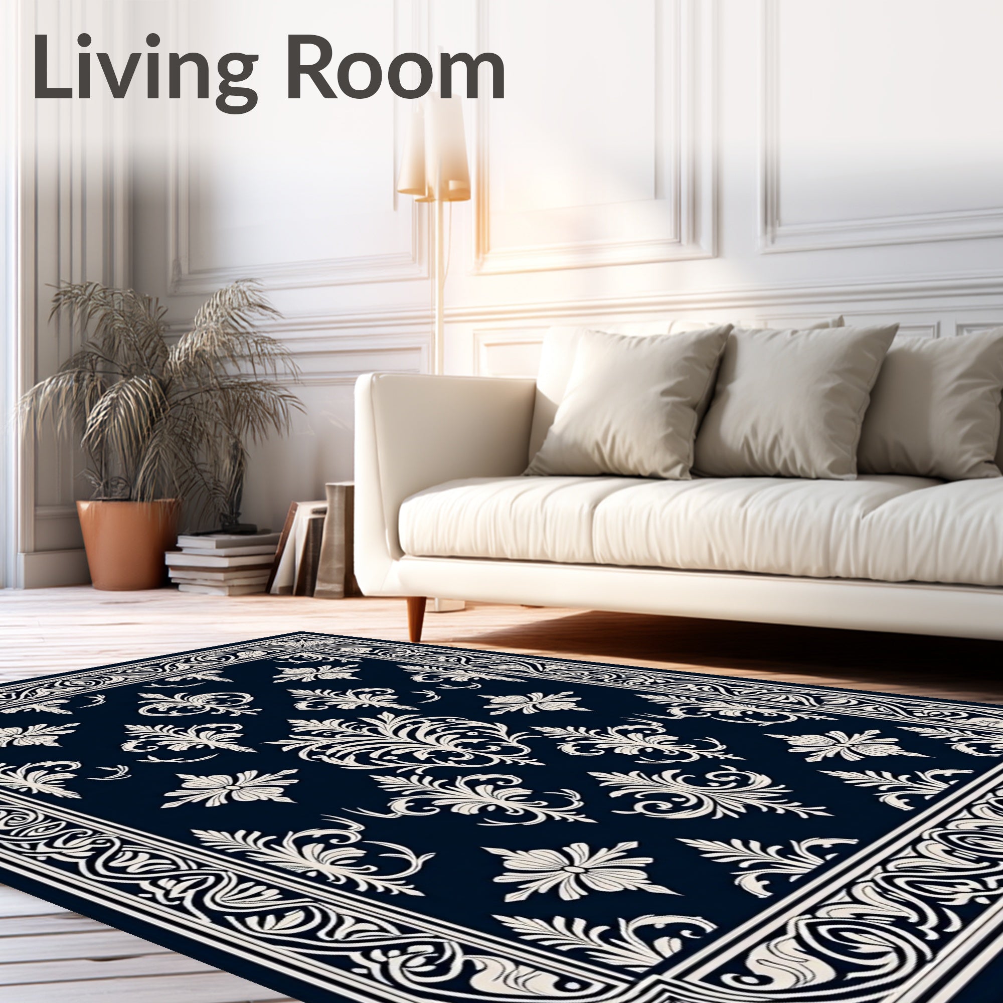 Classic Black Ivory Floral Scroll Border Rug