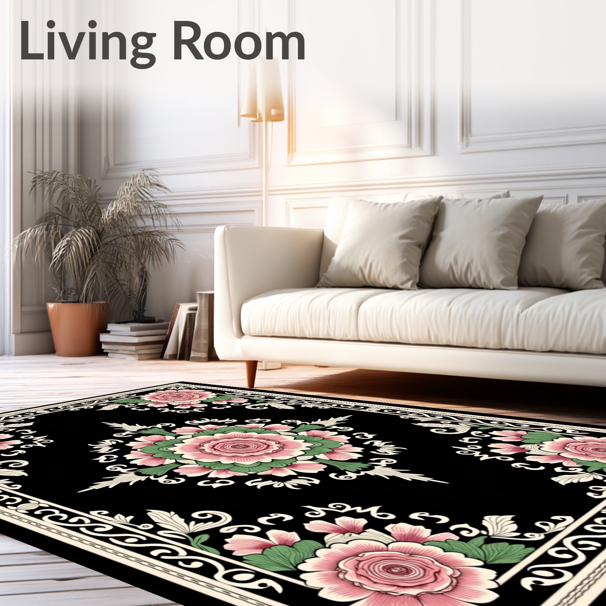 Pink Floral Black Border Art Rug