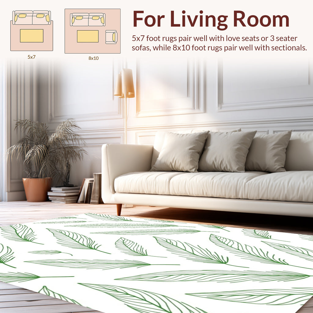 Green Feather Line Art Pattern Rug