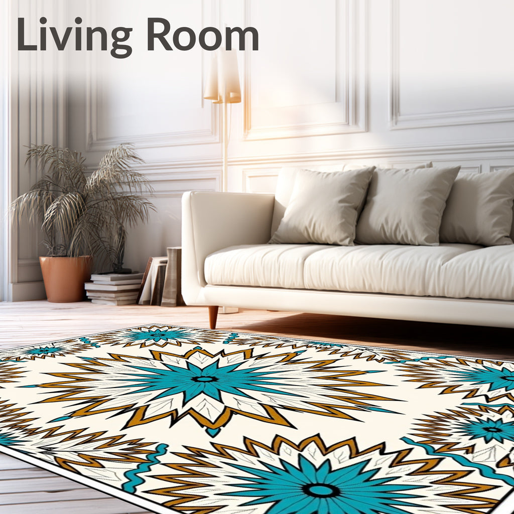 Bold Teal Gold Sunburst Medallion Rug