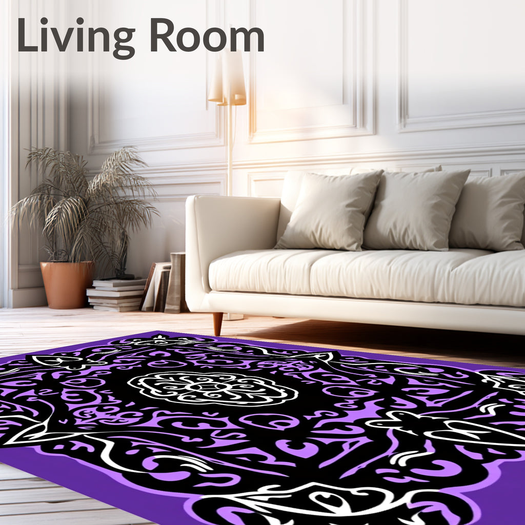 Ornate Purple Black Scroll Pattern Rug