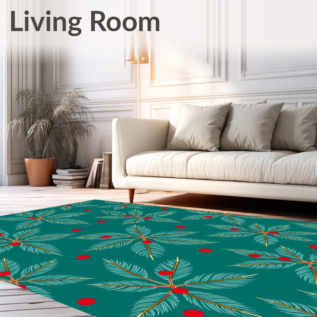 Green Teal Palm Leaf Red Berry Rug