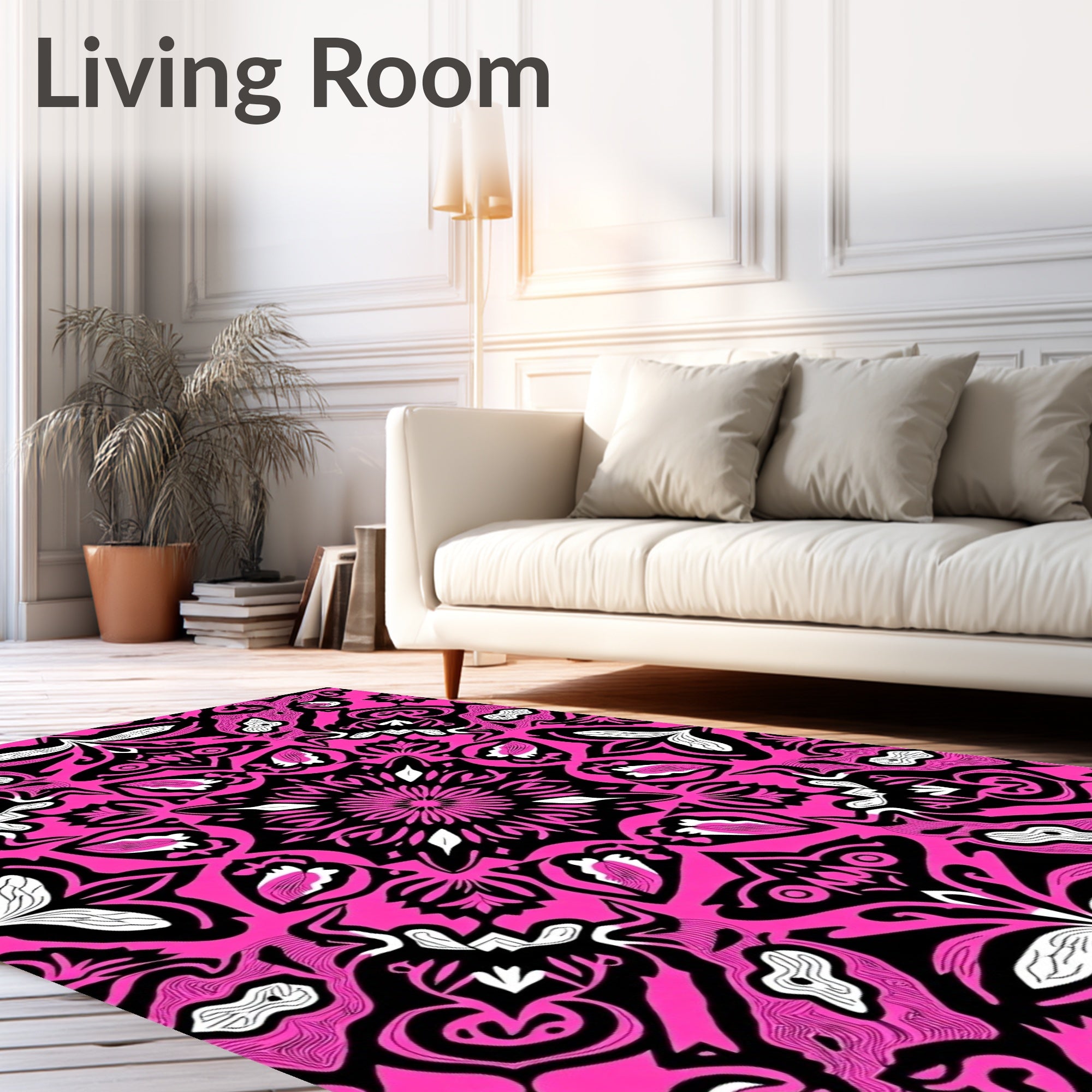 Vibrant Pink Black Mandala Pattern Rug
