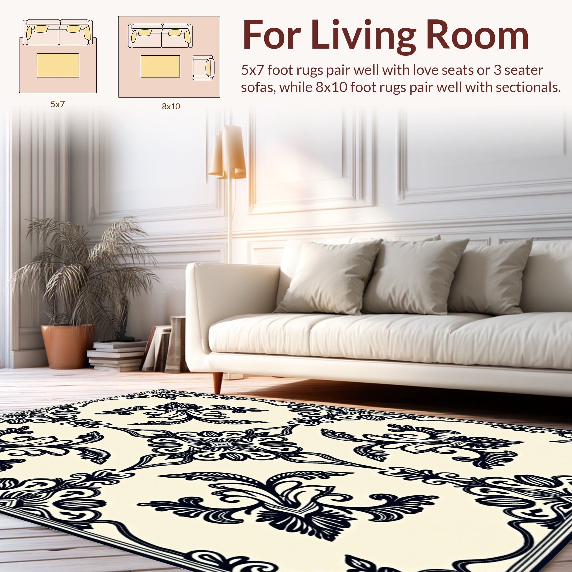 Ornate Black Floral Damask Pattern Rug