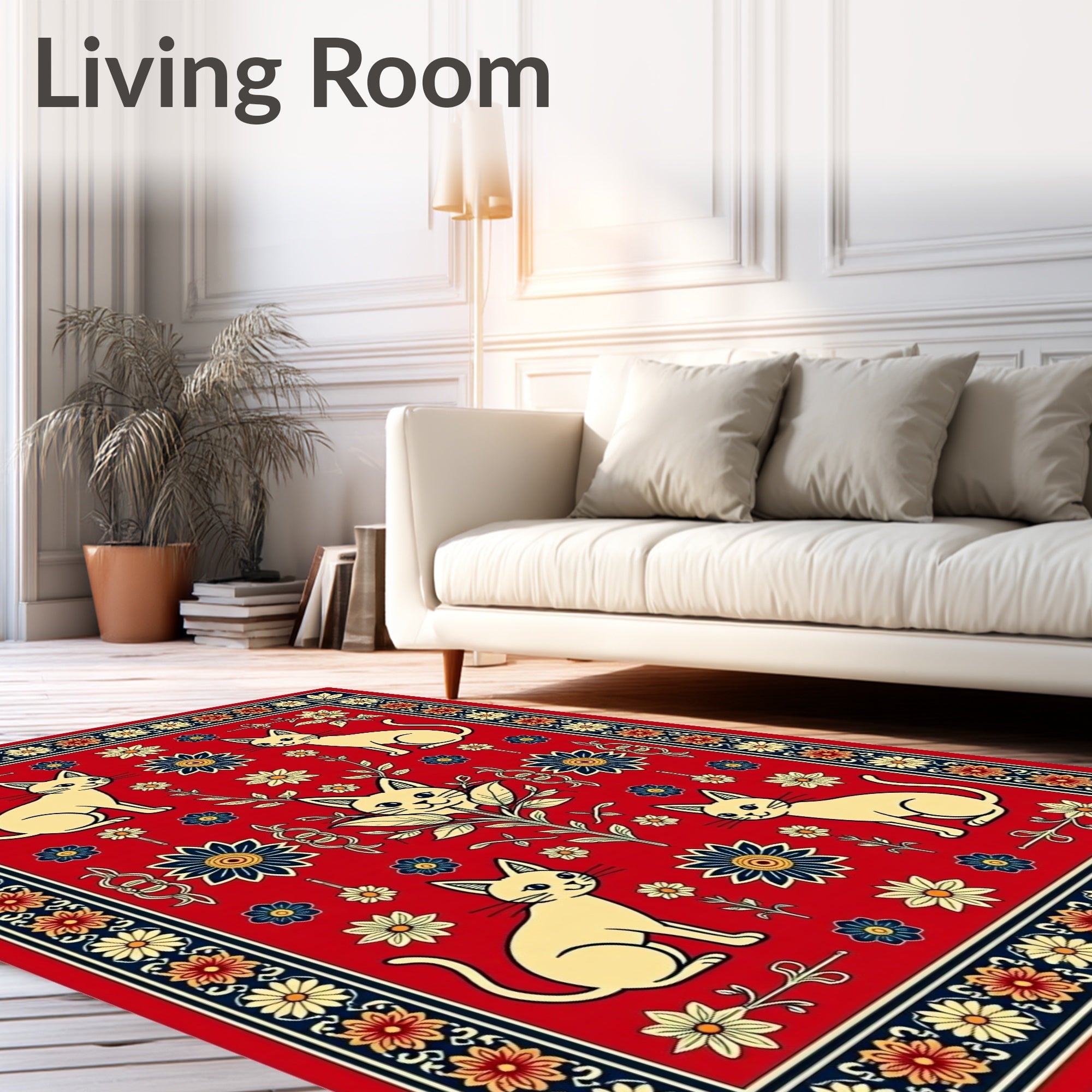 Red Floral Cat Patterned Design Rug