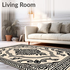 Cream and Black Ornate Scroll Medallion Rug